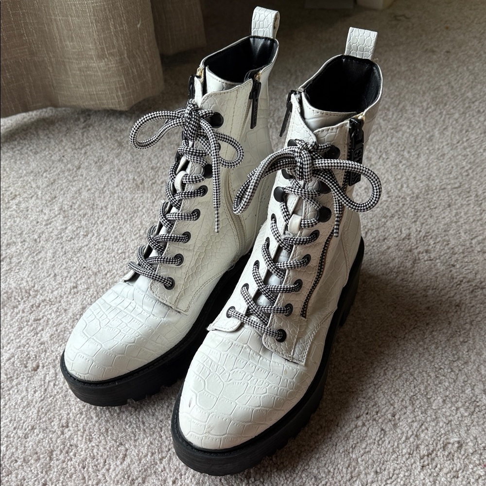 Guess White Croc-Embossed Combat Boots